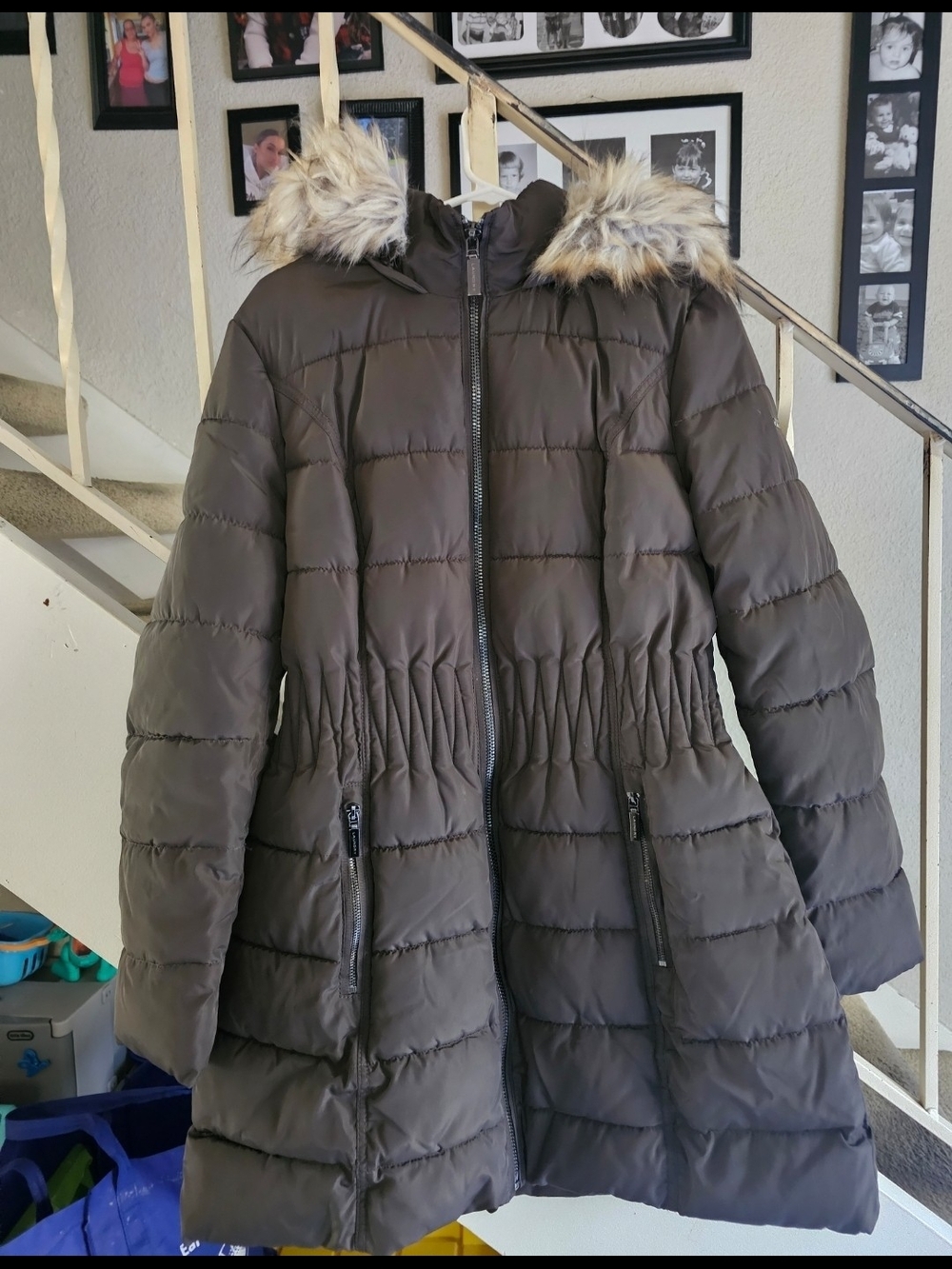 Laundry By Shelli Segal Brown Quilted Hooded Puffer Coat with Faux Fur Trim